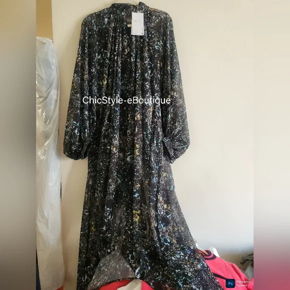 H&M Studio Collection SS 2025 patterned chiffon dress Maxi  Black/jewelry  Bnwt - Picture 2 of 11